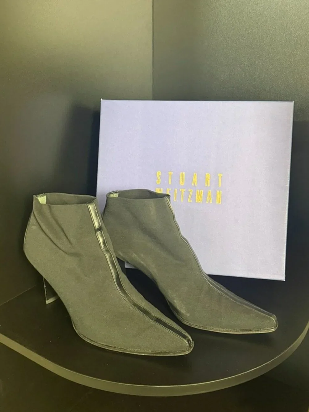Stuart Weitzman Black Stretch Pointed Toe Ankle Boots | Size 10 | Original Box